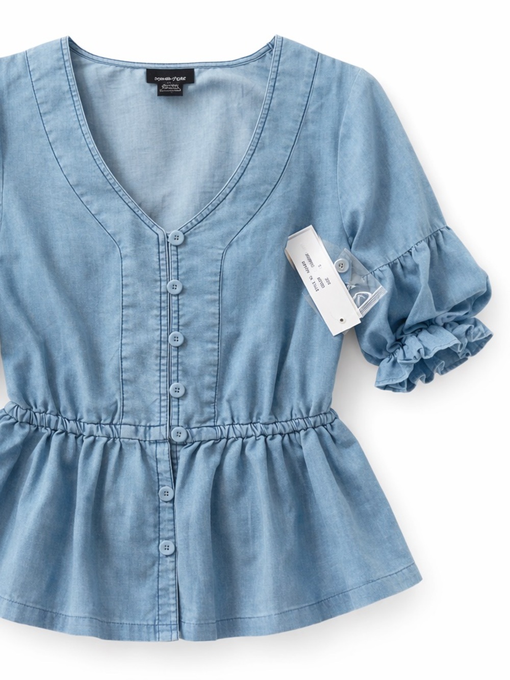 Blue Peplum Blouse Womens Small V Neck Button Front Ruffle Sleeve Top